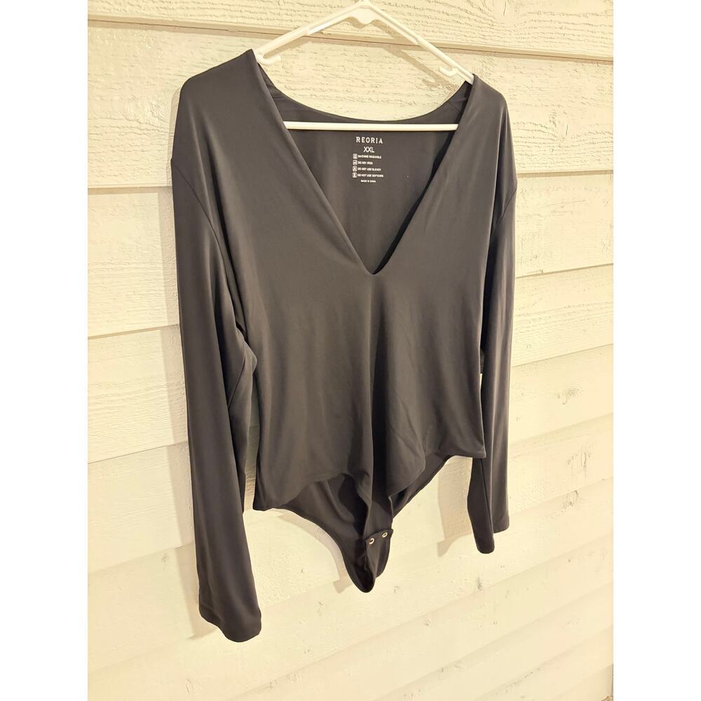 Reoria Black Long Sleeve Deep V-Neck Bodysuit XXL Stretchy Minimalist - Picture 3 of 7